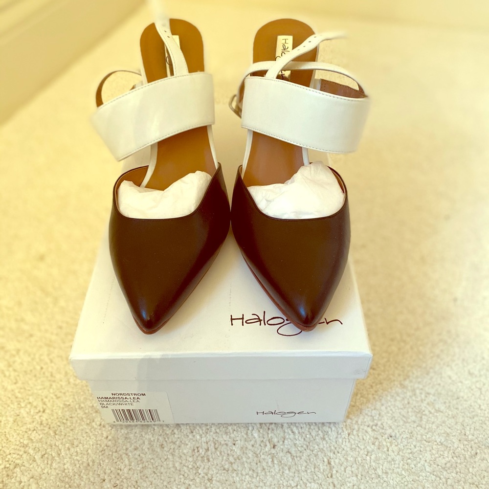 Lightly worn black and white mules